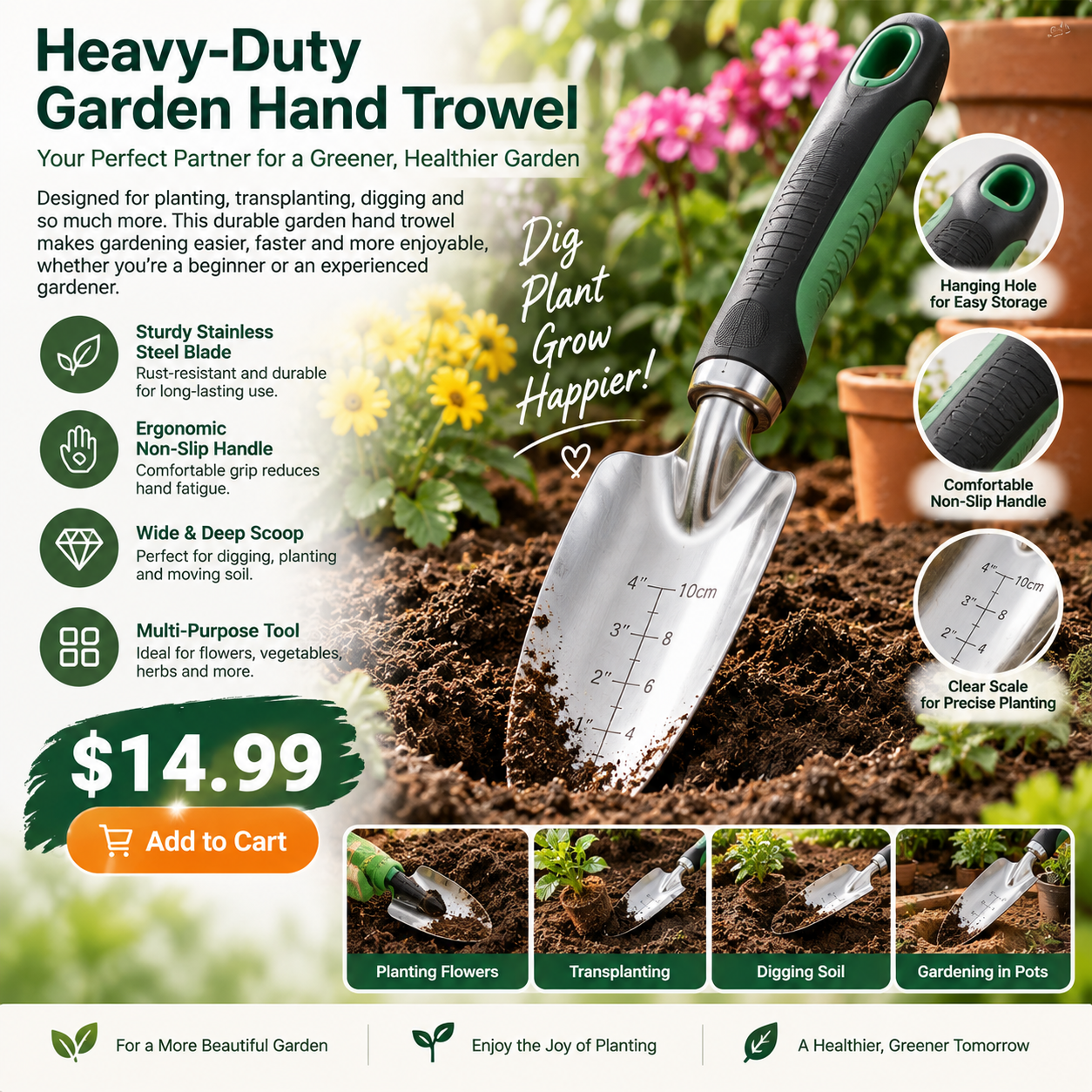 Heavy-Duty Stainless Steel Garden Hand Trowel