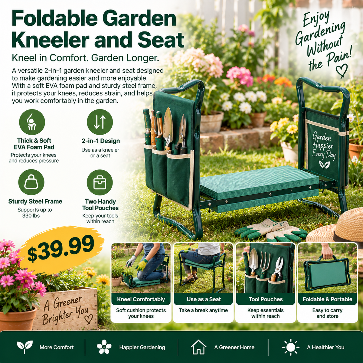 2-in-1 Foldable Garden Kneeler & Seat with Tool Pouches